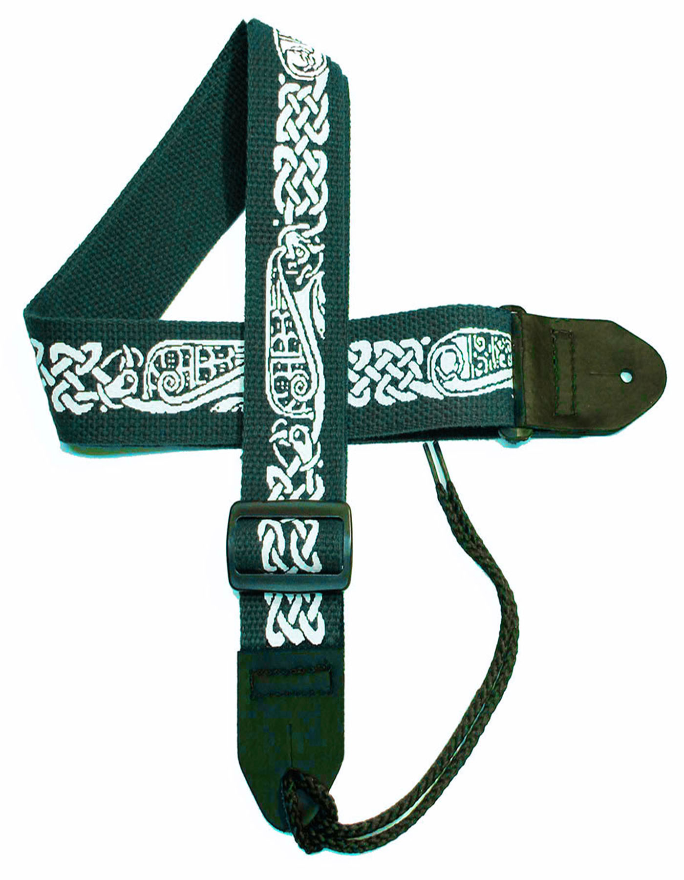 Celtic Knot Design 2 Poly Guitar strap with Leather Ends Ireland & Celtic Knot design on black background. Green Ireland Guitar Strap