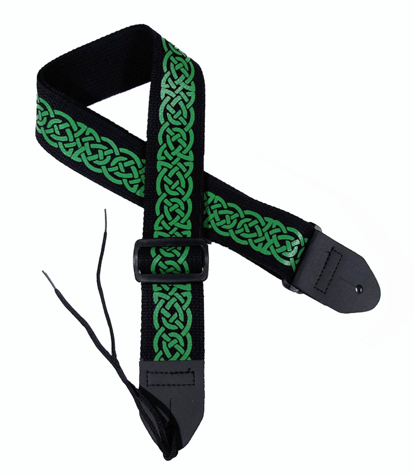 Celtic Knot Design 2 Poly Guitar strap with Leather Ends Ireland & Celtic Knot design on black background. Green Ireland Guitar Strap