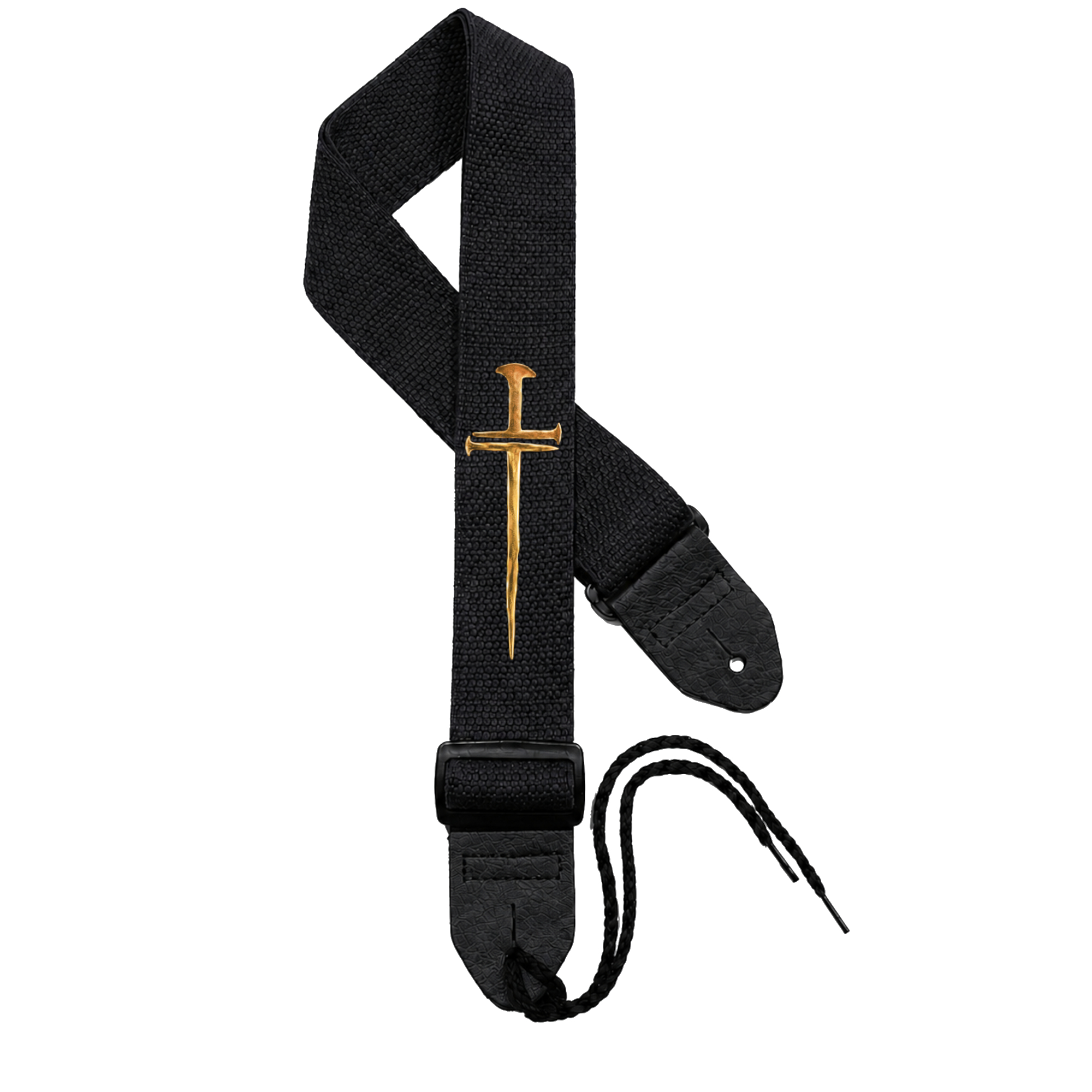 Bronze Carpenter’s Cross on a black Deluxe guitar strap