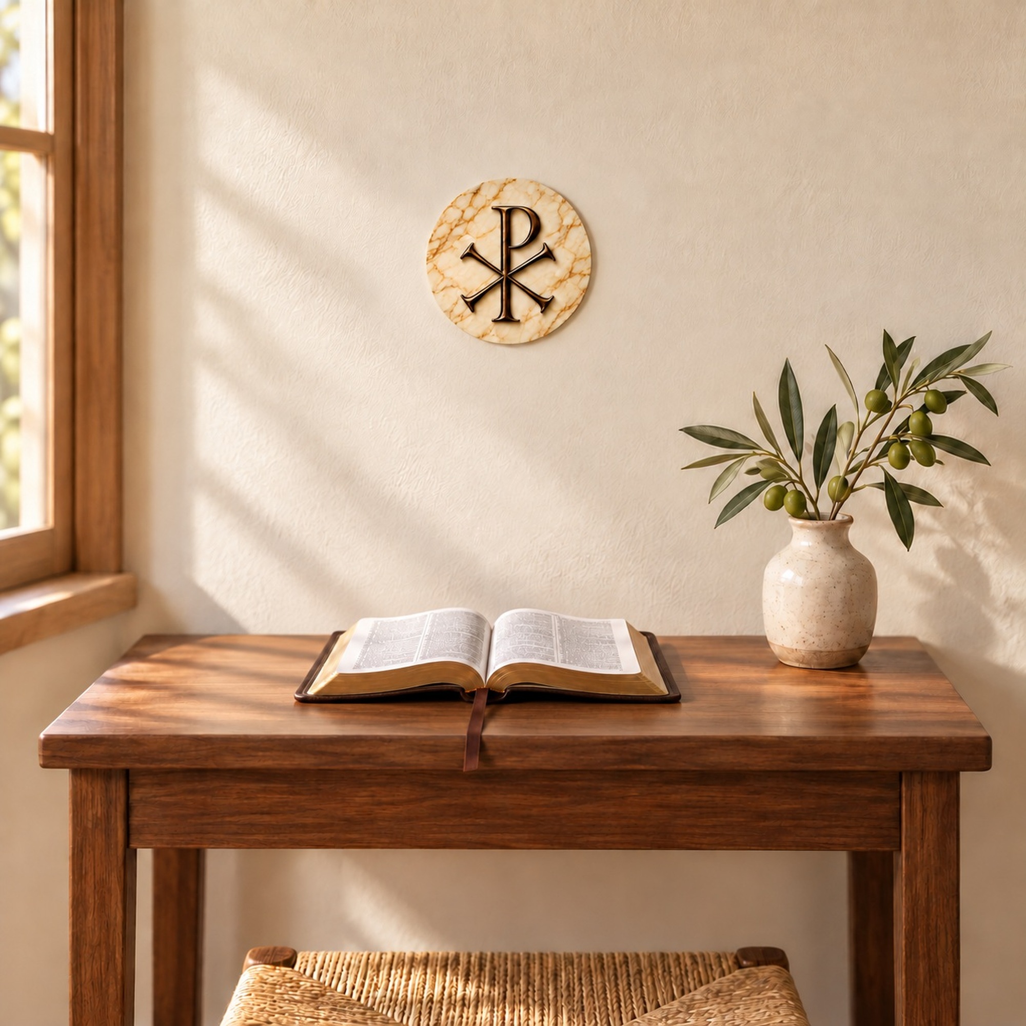 Bronze Pax above a desk with an open Bible
