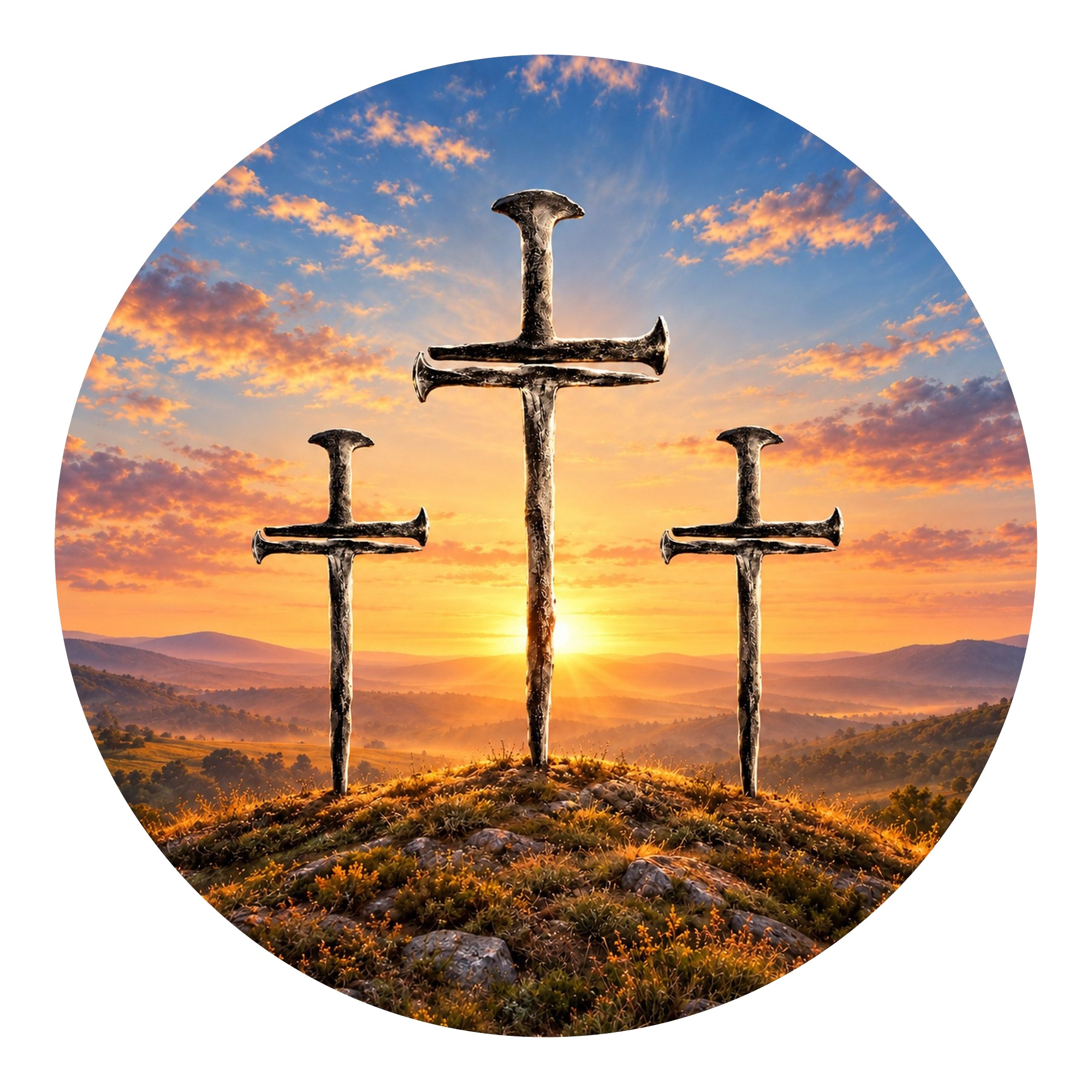 Crosses at Sunset — round printed wall hanging