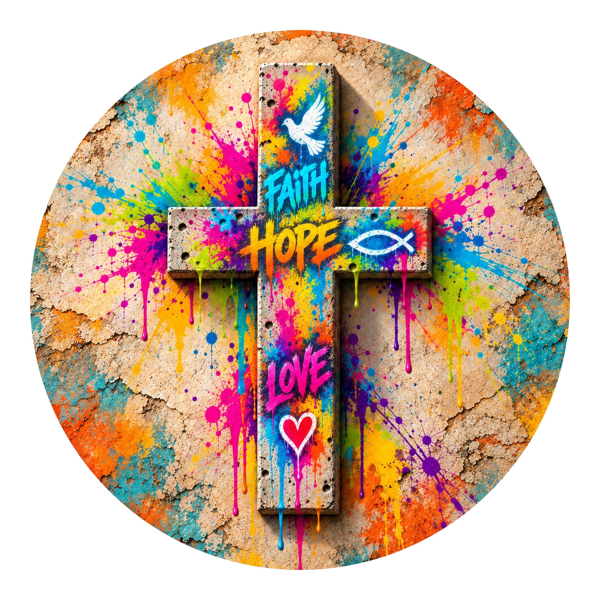 Graffiti Cross — round printed wall hanging