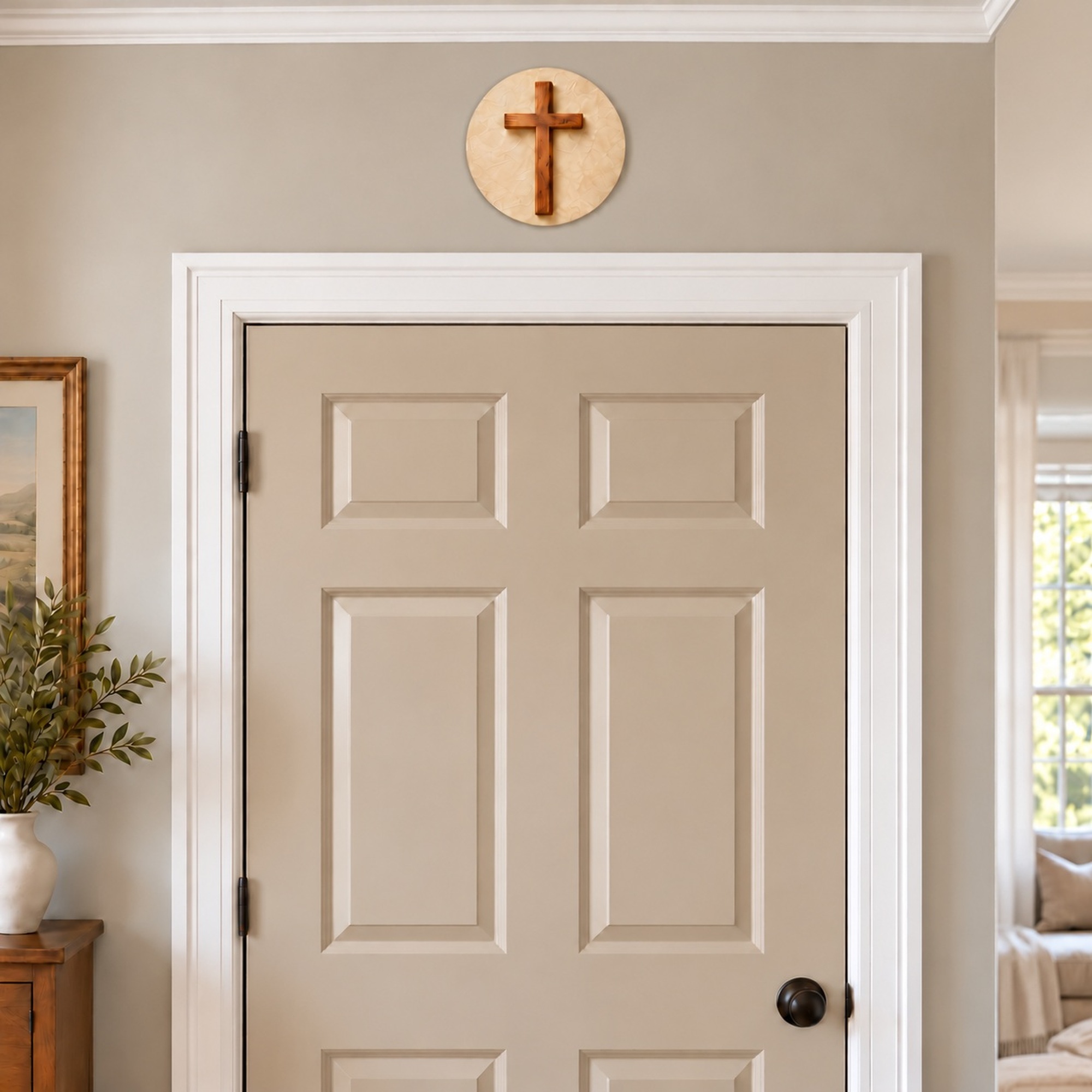 Wood Cross above a beige door